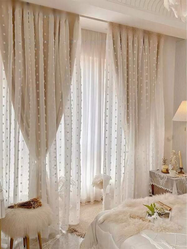 1pc Double-Layer Blackout Curtain, French Cream Style, 3D Romantic Lace Sheer, Heat Insulation, Sunshade, Living Room & Bedroom Window Decor, Privacy Protection, Top Eyelet Hanging, Easy Installation